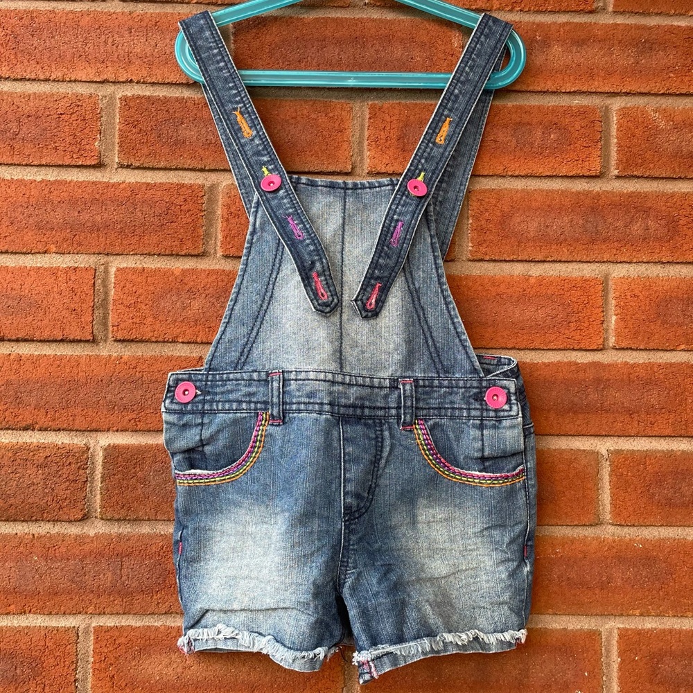 Squeeze Blue Denim Short Overalls Colorful Details